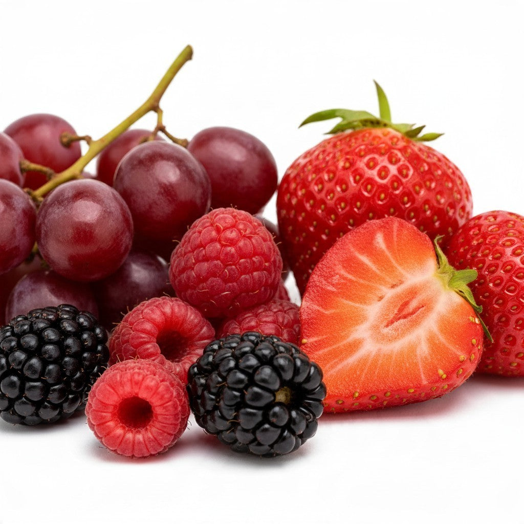 Lamora Red Fruit Blend coffee tasting notes featuring fresh raspberries, strawberries, blackberries, and red grapes.