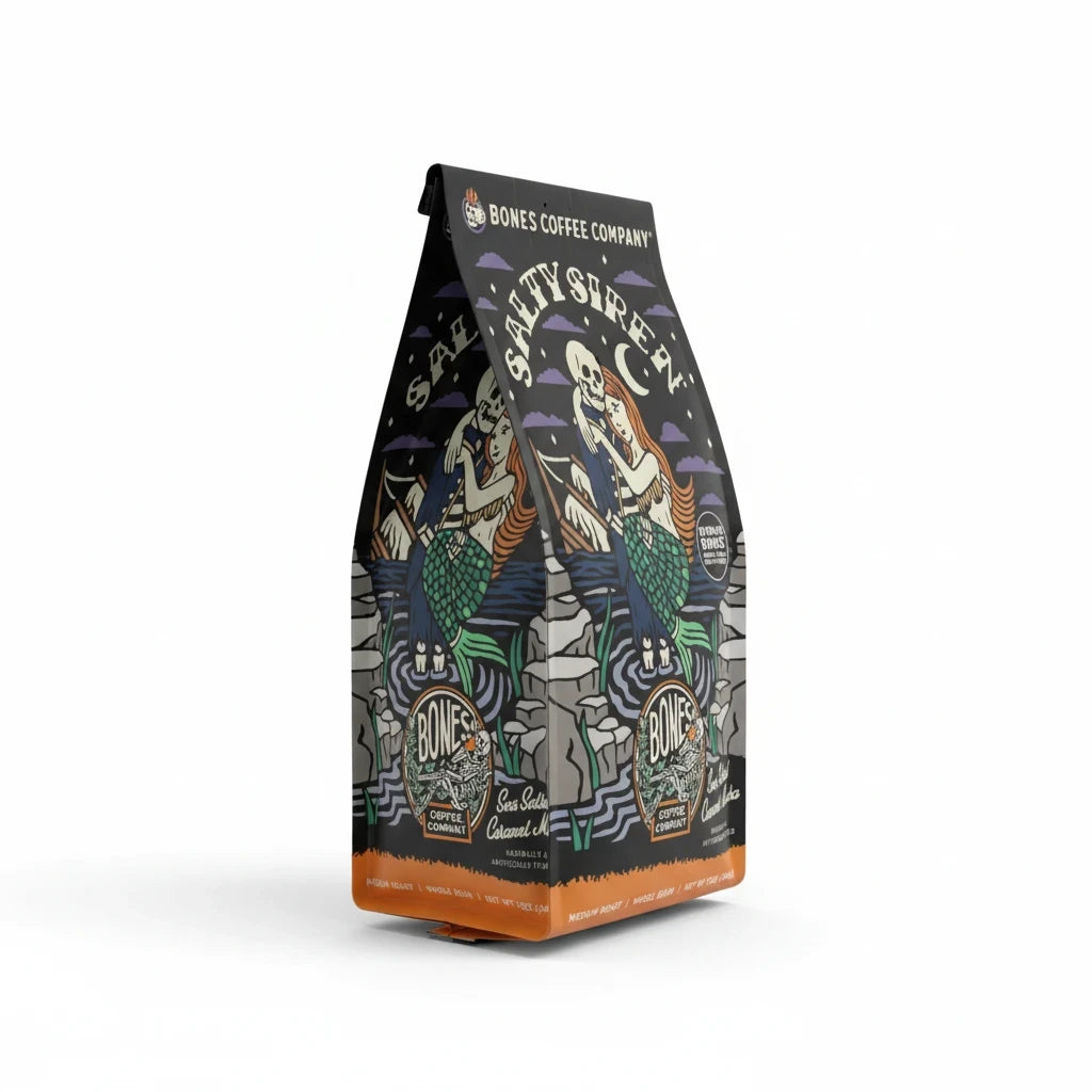 Lamora Salty Siren 12 oz decaf coffee bag featuring a mermaid and skull illustration with sea salted caramel mocha