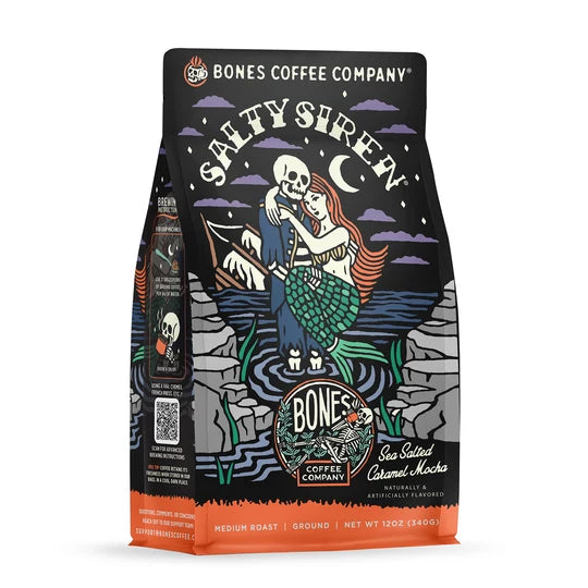 Lamora Salty Siren 12 oz decaf medium roast coffee bag featuring a mermaid and skeleton illustration