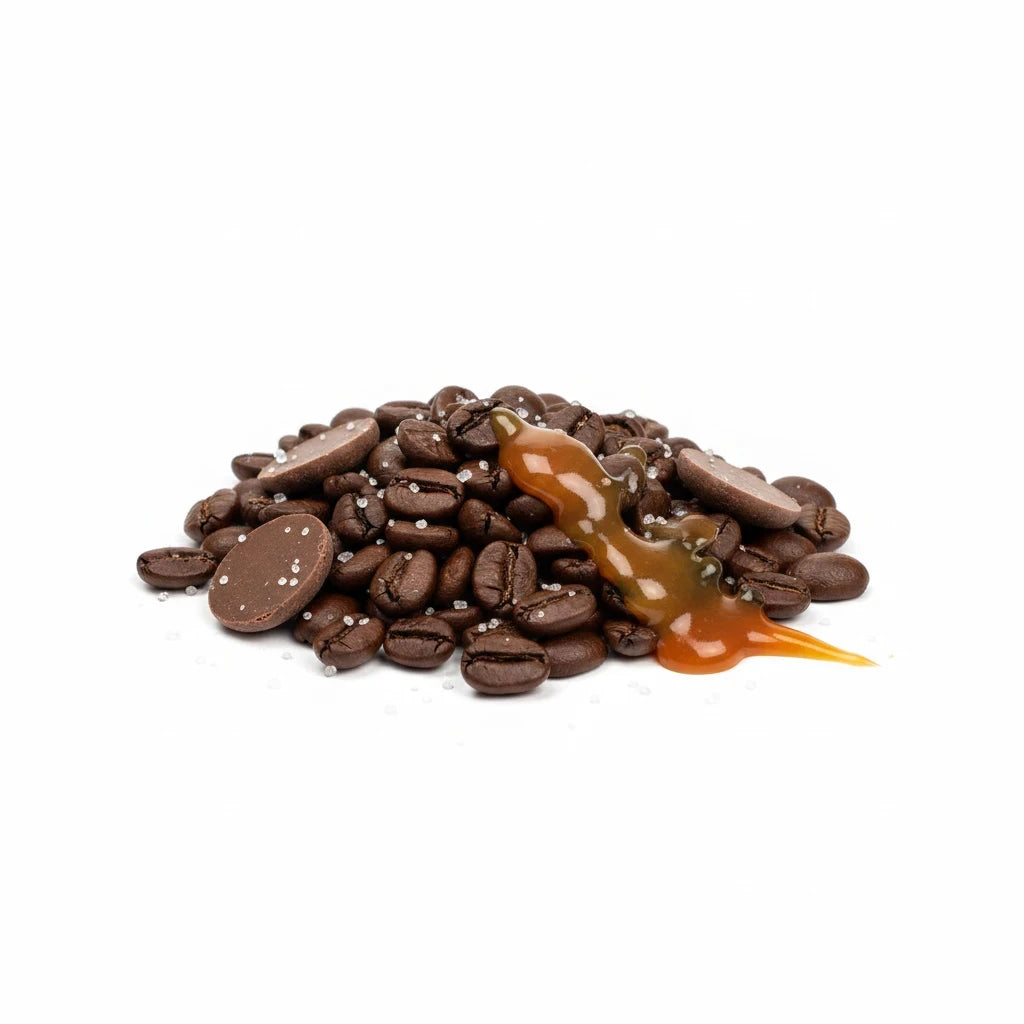 Lamora Salty Siren decaf coffee beans with chocolate discs, sea salt crystals, and drizzled caramel sauce.
