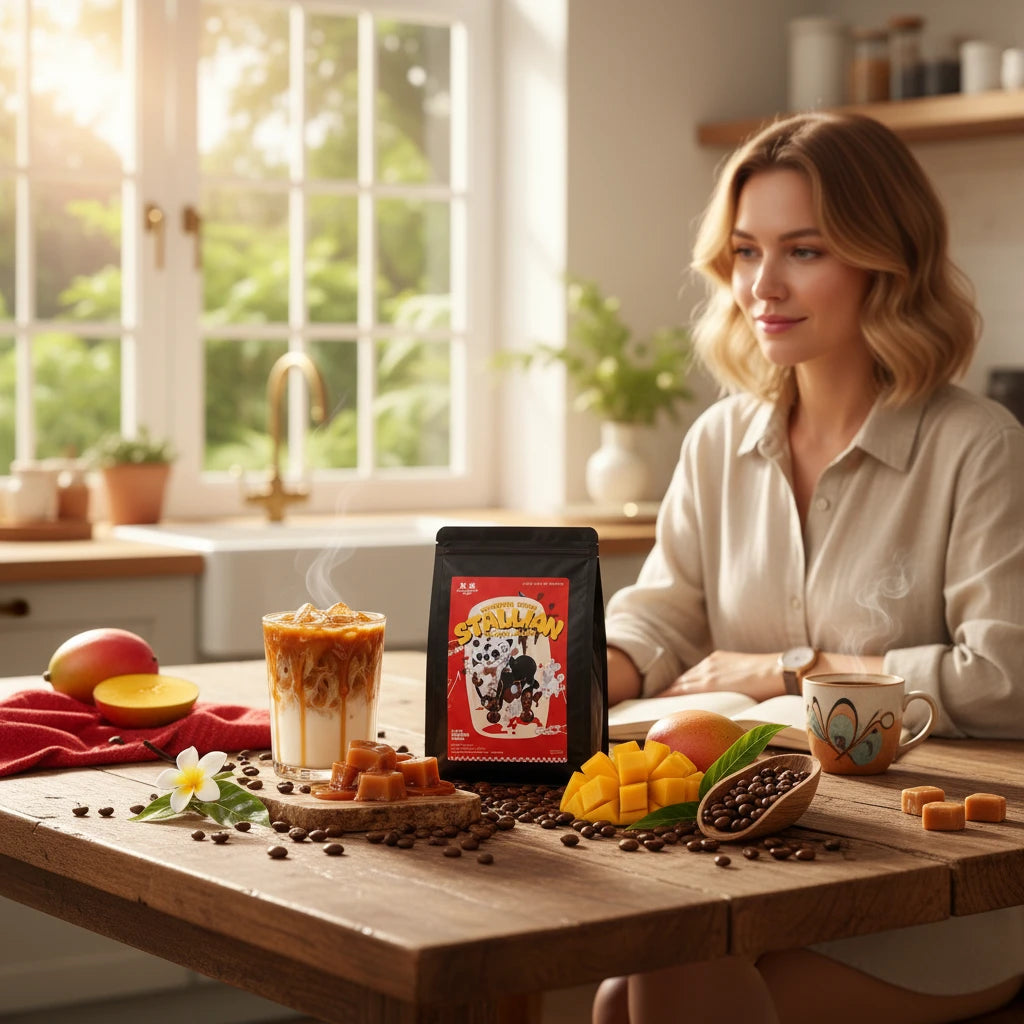 Lamora Stallion Blend coffee bag on a wooden table with iced coffee, fresh mango, and a woman in a bright kitchen.