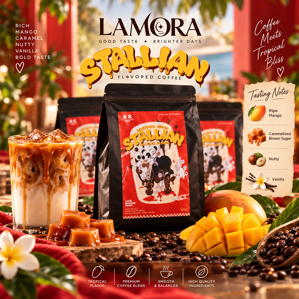 Lamora Stallion Blend coffee bag with iced coffee, fresh mango, and caramel on a tropical-themed wooden table.