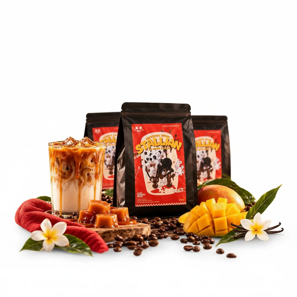 Lamora Stallion Blend coffee bag with iced coffee, fresh mango, and floral accents on a white background