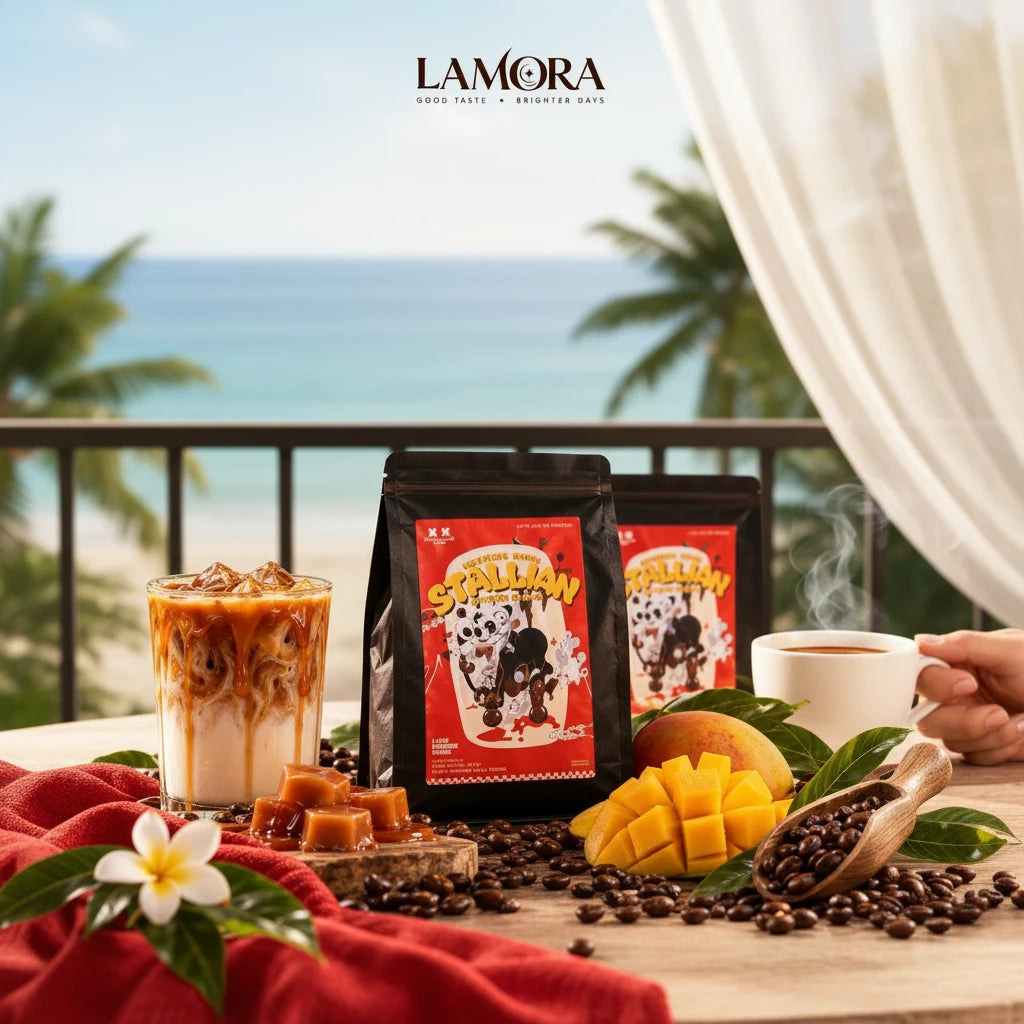 Lamora Stallion Blend coffee bag with iced latte, fresh mango, and roasted coffee beans on a tropical balcony.