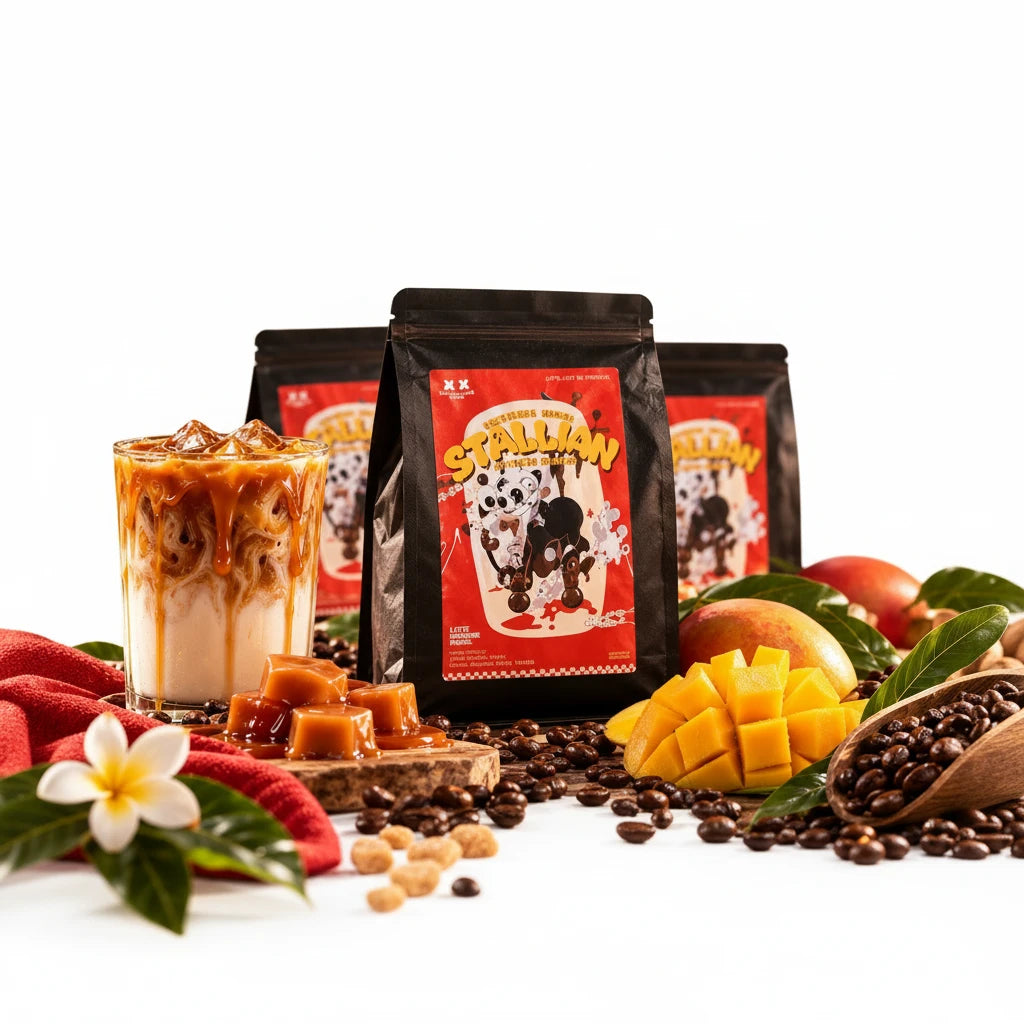 Lamora Stallion Blend coffee bag with iced latte, fresh mango, and coffee beans on a white background