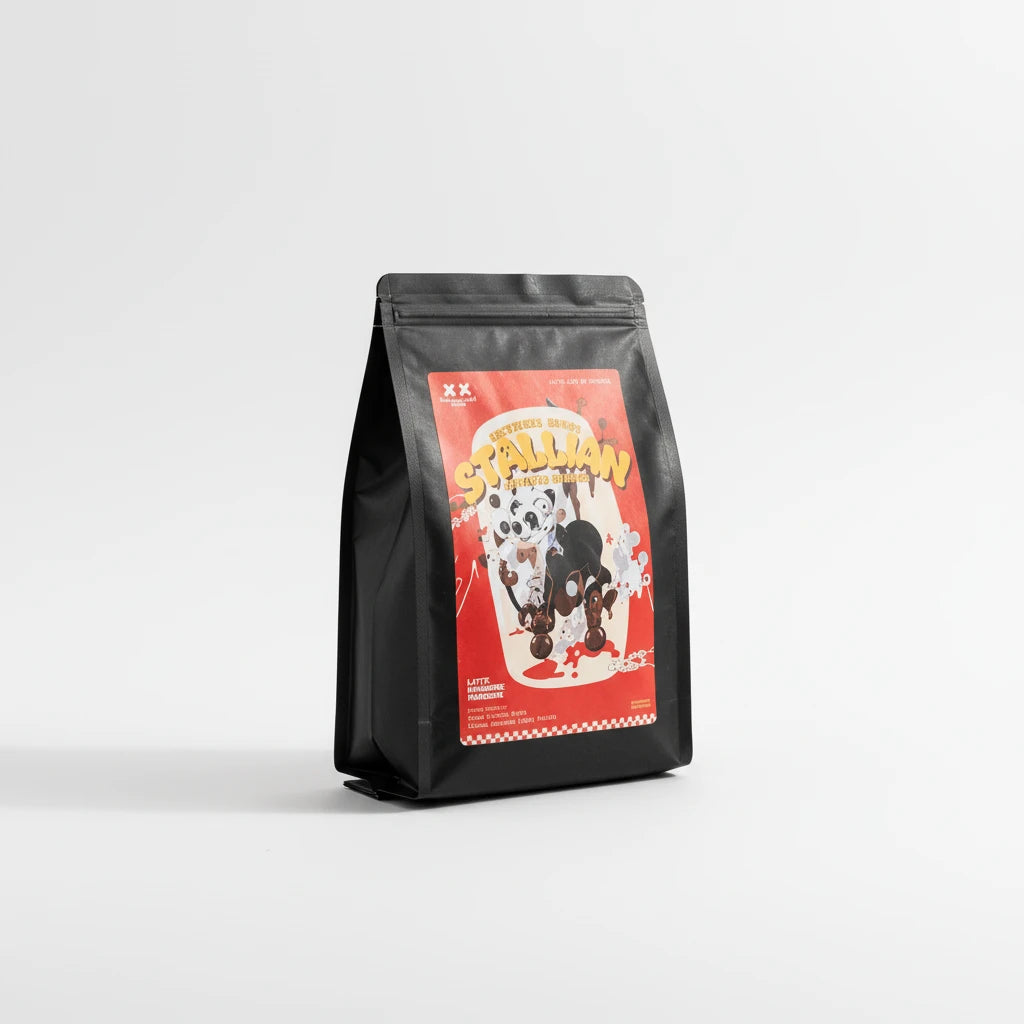 Lamora Stallion Blend medium roast coffee beans in a black stand-up pouch with red illustrated label