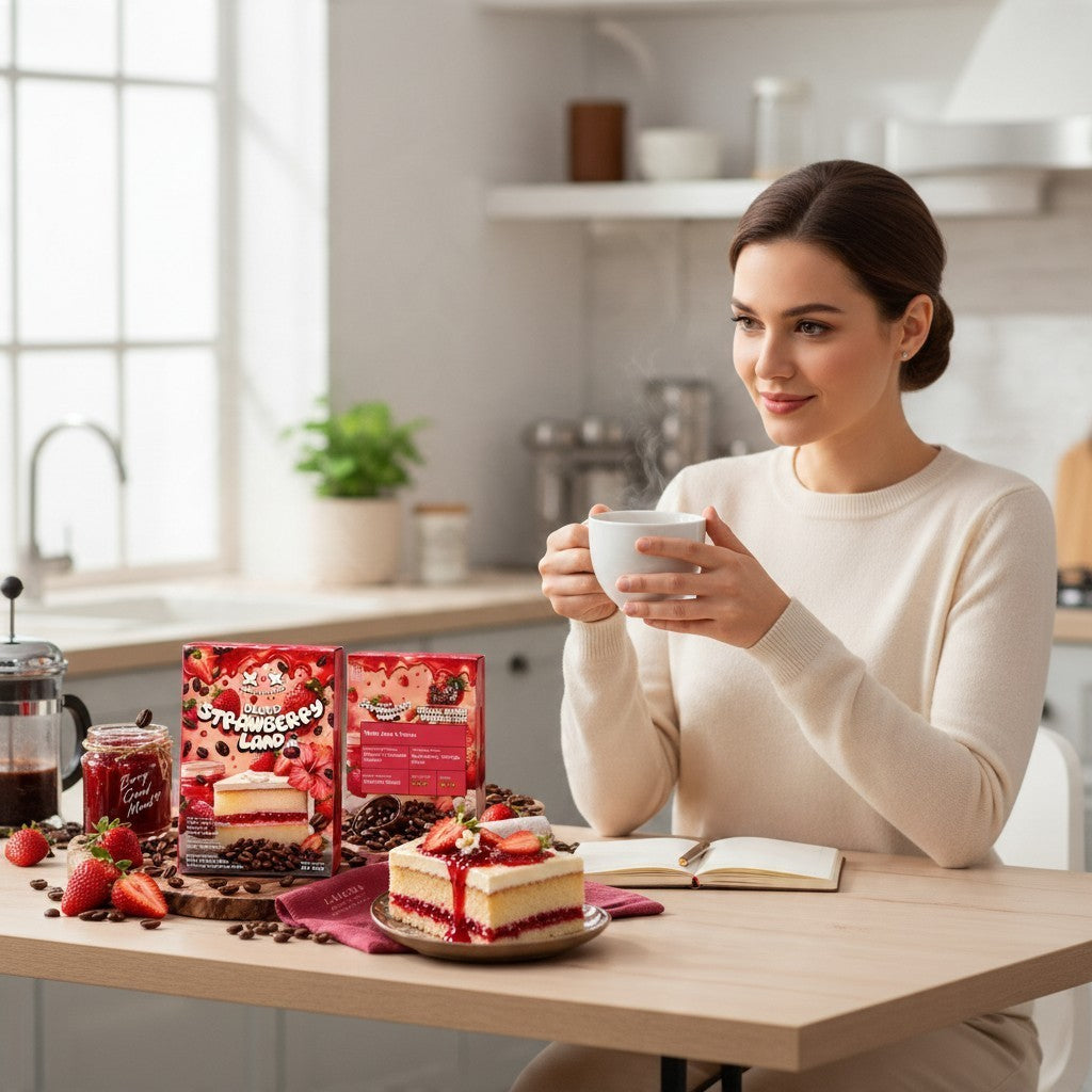 Lamora Blend Strawberry Land coffee boxes with a woman drinking coffee and strawberry cake in a bright kitchen