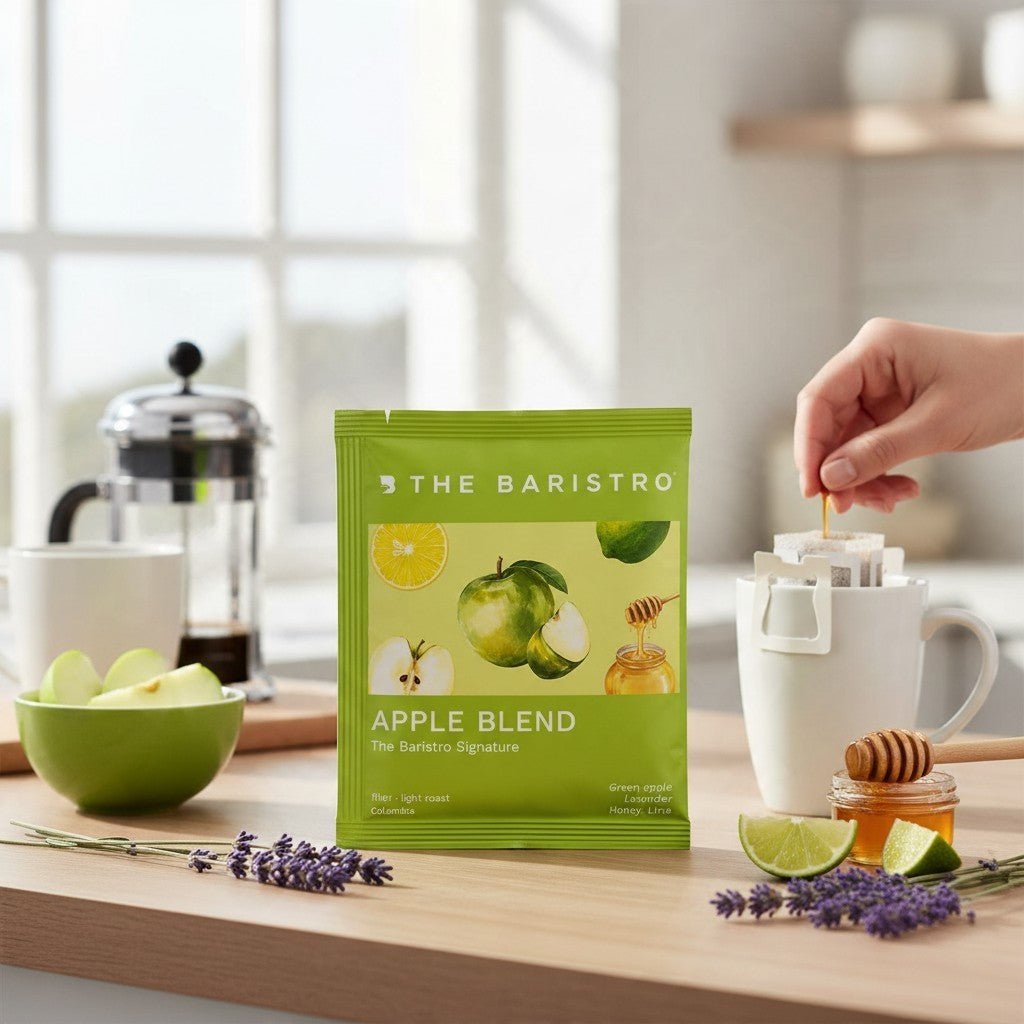 Lamora The Baristro Apple Blend specialty coffee drip bag with green apple, lavender, and honey illustrations.