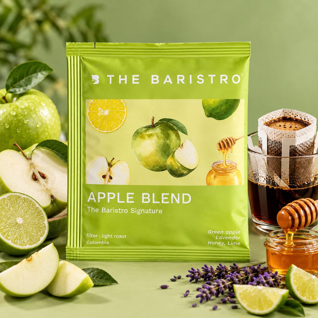 Lamora The Baristro Apple Blend specialty coffee drip bag with green apple, lavender, honey, and lime illustrations.