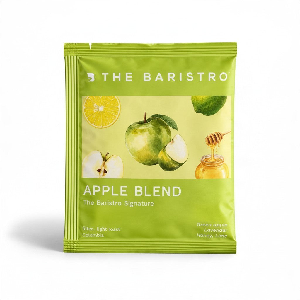 Lamora The Baristro Apple Blend specialty coffee drip bag with green apple, lavender, honey, and lime illustrations.