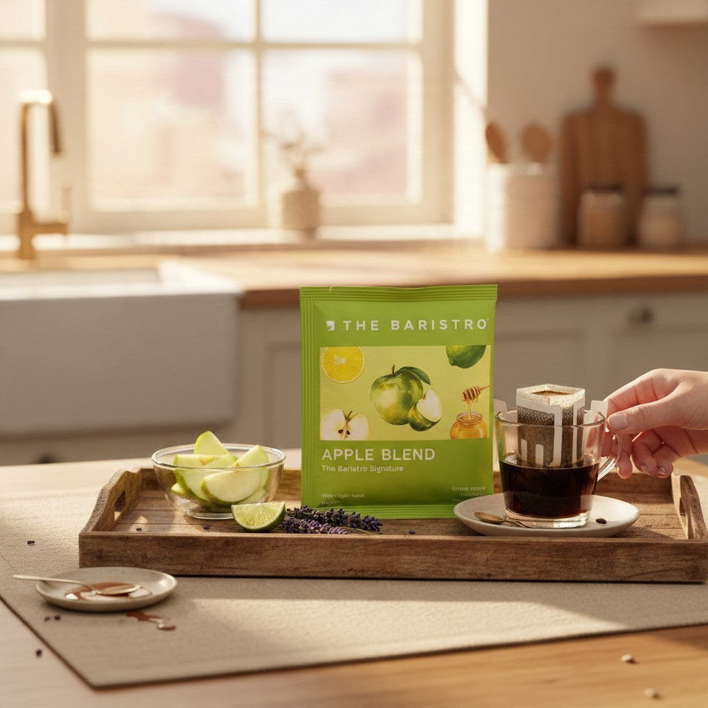 Lamora The Baristro Apple Blend drip coffee bag with green apple, lime, and honey illustrations on a wooden tray