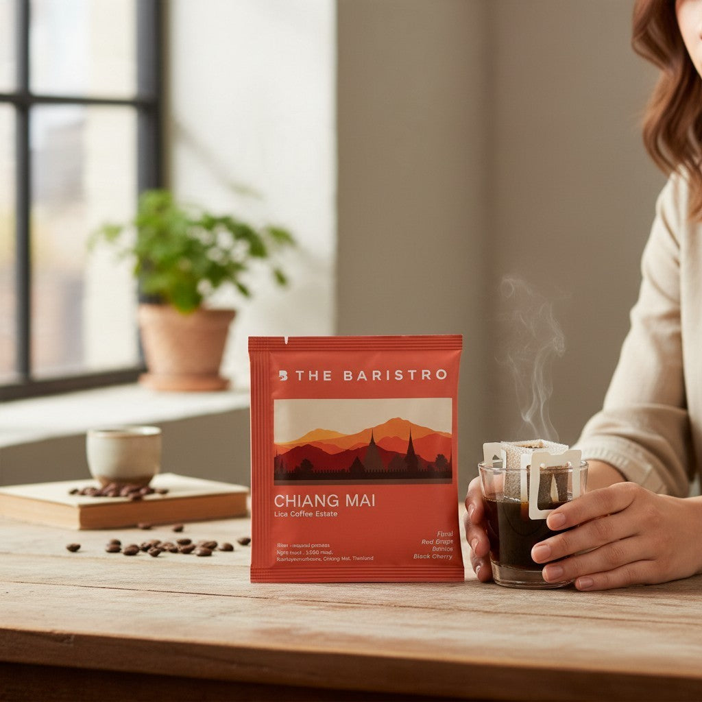 Lamora The Baristro Chiang Mai Lica coffee drip bag on a wooden table with a steaming cup of pour-over coffee