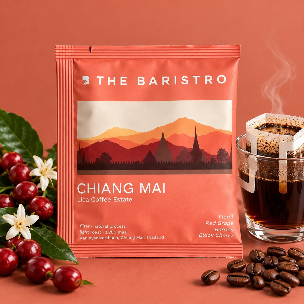 Lamora The Baristro Chiang Mai Lica Coffee Estate drip bag with coffee cherries and a steaming cup of pour-over coffee