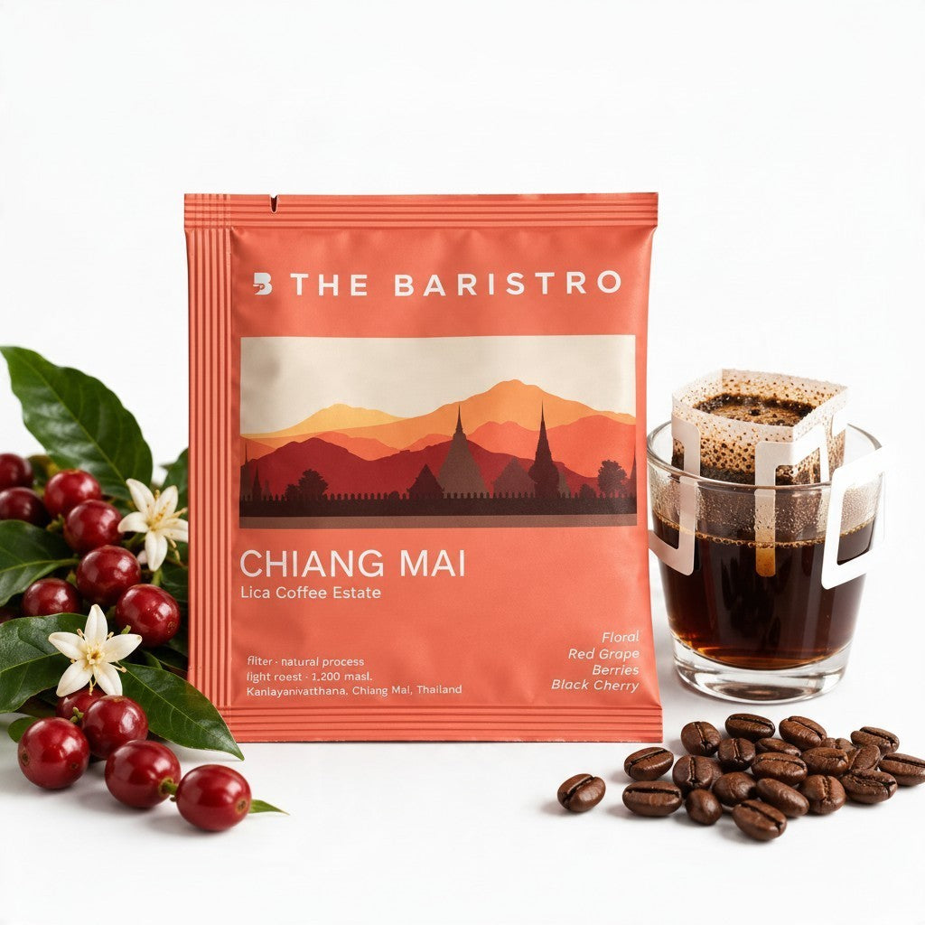 Lamora The Baristro Chiang Mai Lica coffee drip bag with red packaging, coffee cherries, and brewed pour-over coffee.