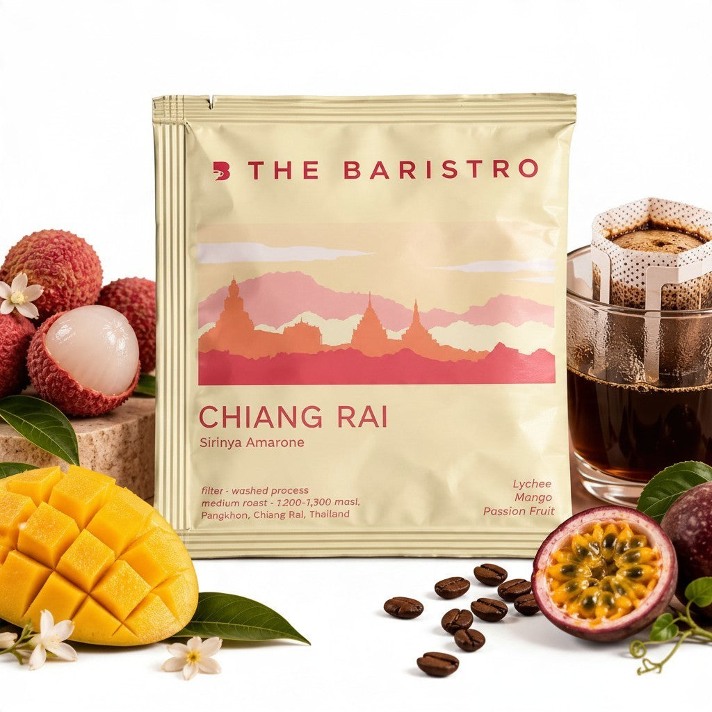 Lamora The Baristro Chiang Rai Sirinya Amarone drip bag coffee with lychee, mango, and passion fruit garnish