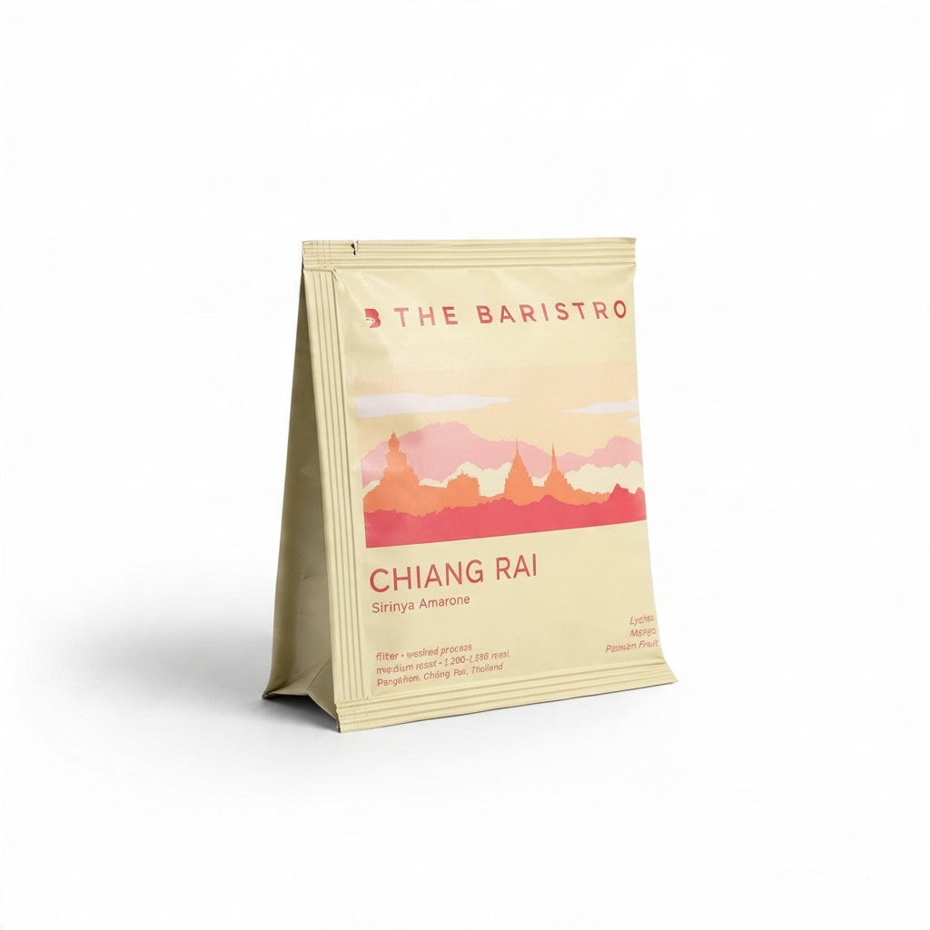 Lamora The Baristro Chiang Rai Sirinya Amarone specialty coffee drip bag with illustrated Thai landscape packaging.