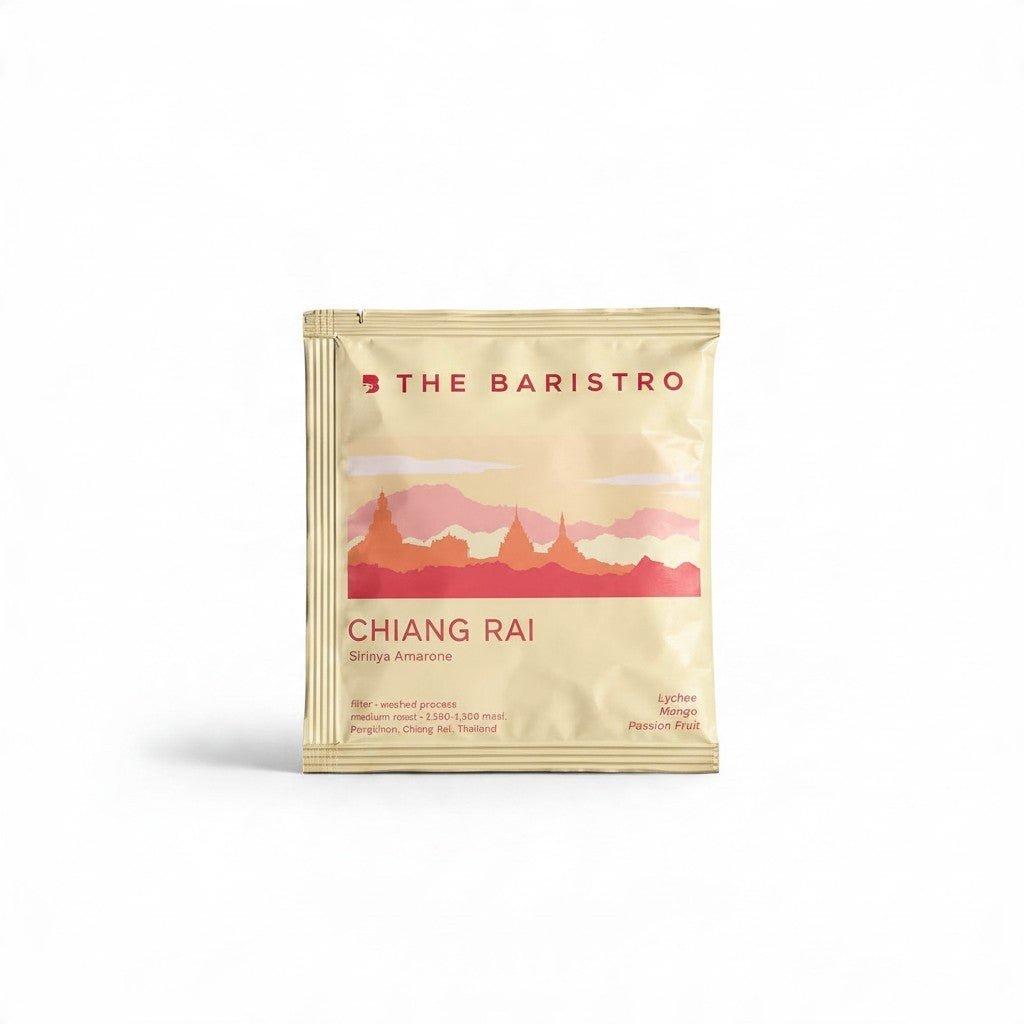 Lamora The Baristro Chiang Rai Sirinya Amarone specialty coffee drip bag with illustrated Thai temple packaging.