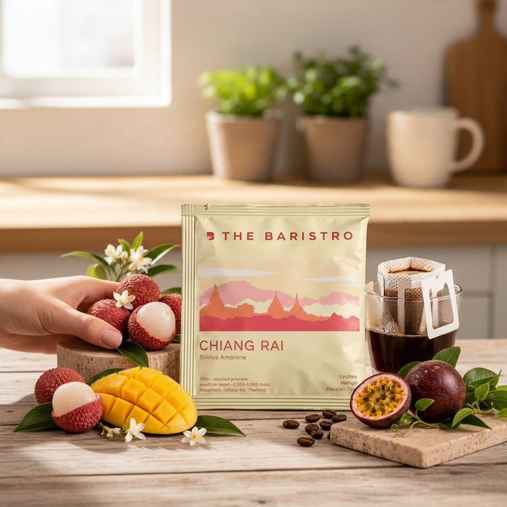 Lamora The Baristro Chiang Rai Sirinya Amarone coffee drip bag with lychee, mango, and passion fruit on a table.