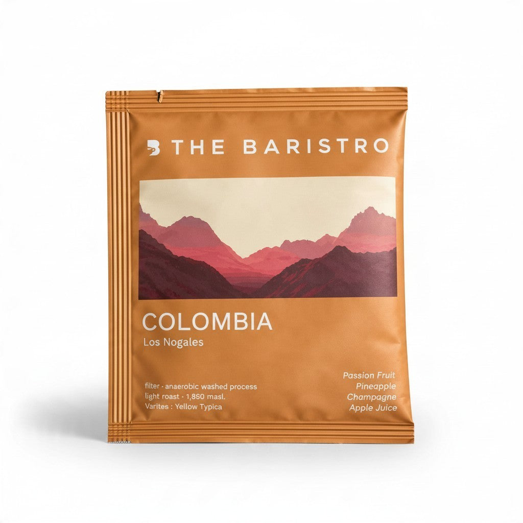 Lamora The Baristro Colombia Los Nogales specialty coffee drip bag with mountain landscape design