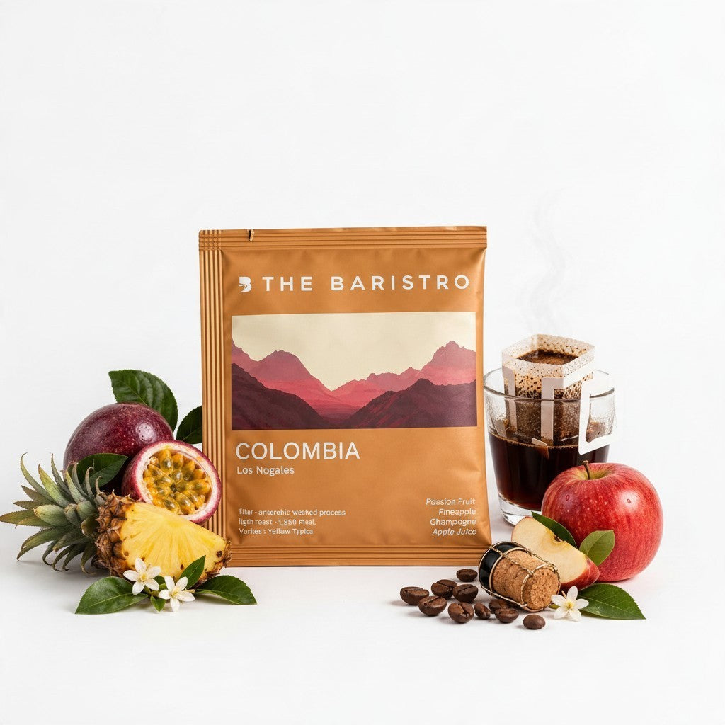 Lamora The Baristro Colombia Los Nogales specialty coffee drip bag with passion fruit, pineapple, and apple.