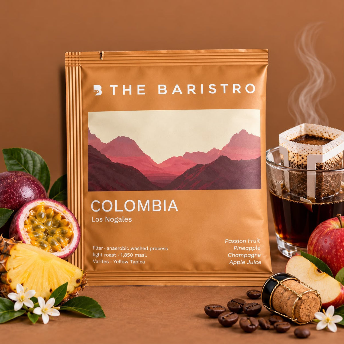 Lamora The Baristro Colombia Los Nogales specialty coffee drip bag with passion fruit, pineapple, and apple slices.