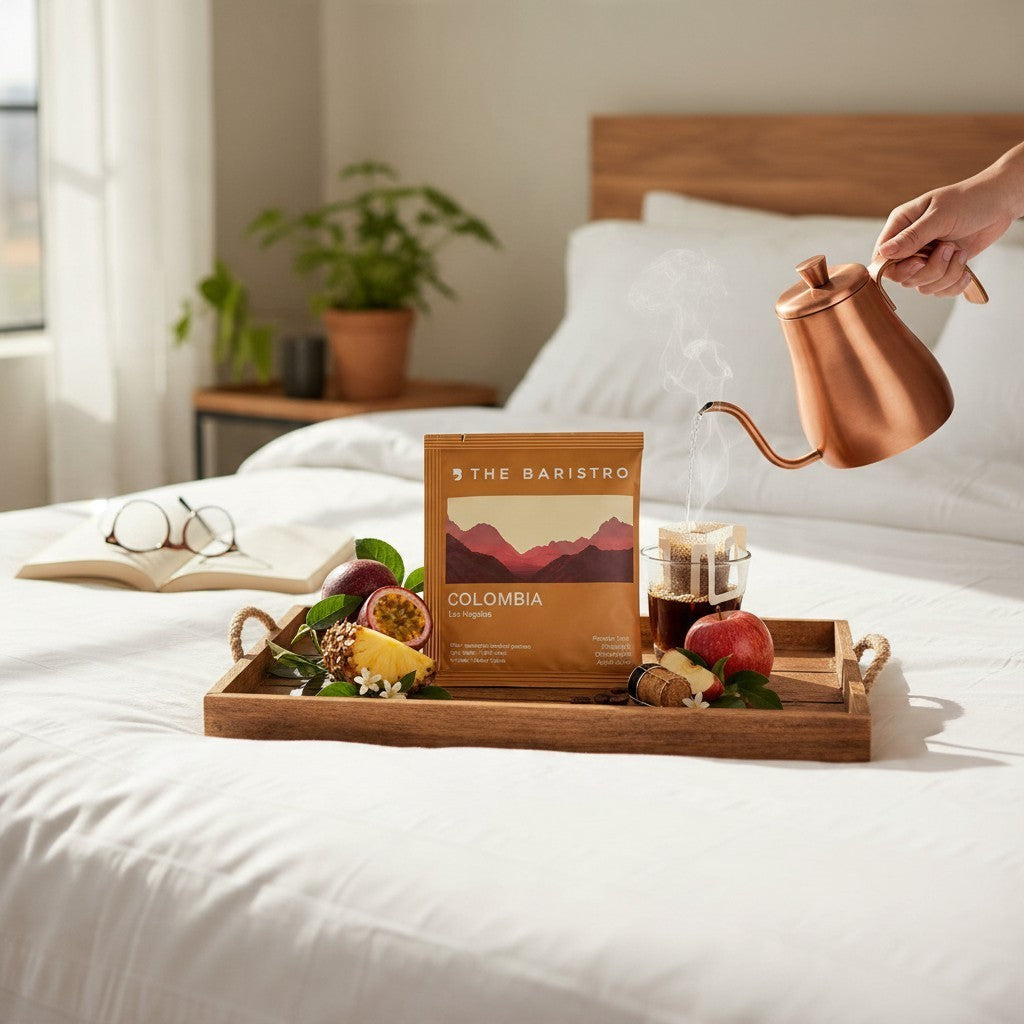 Lamora The Baristro Colombia Los Nogales drip coffee bag on a wooden tray with passion fruit, pineapple, and apple.