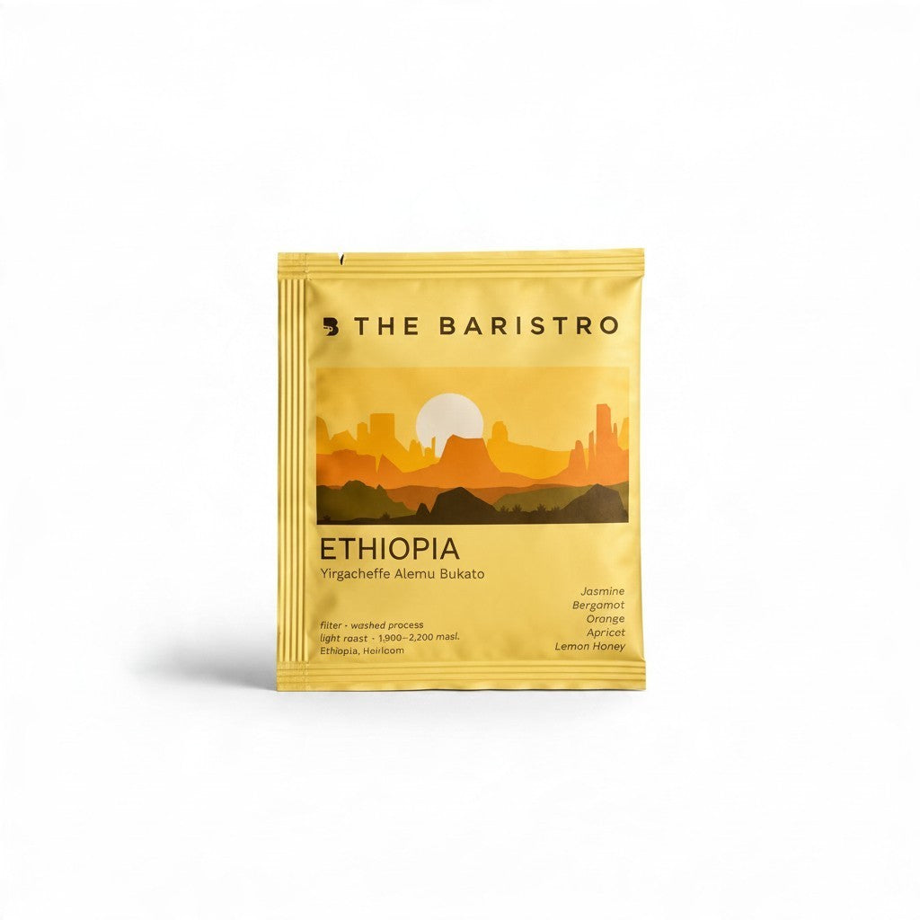Lamora The Baristro Ethiopia Yirgacheffe Alemu Bukato specialty coffee drip bag in yellow packaging