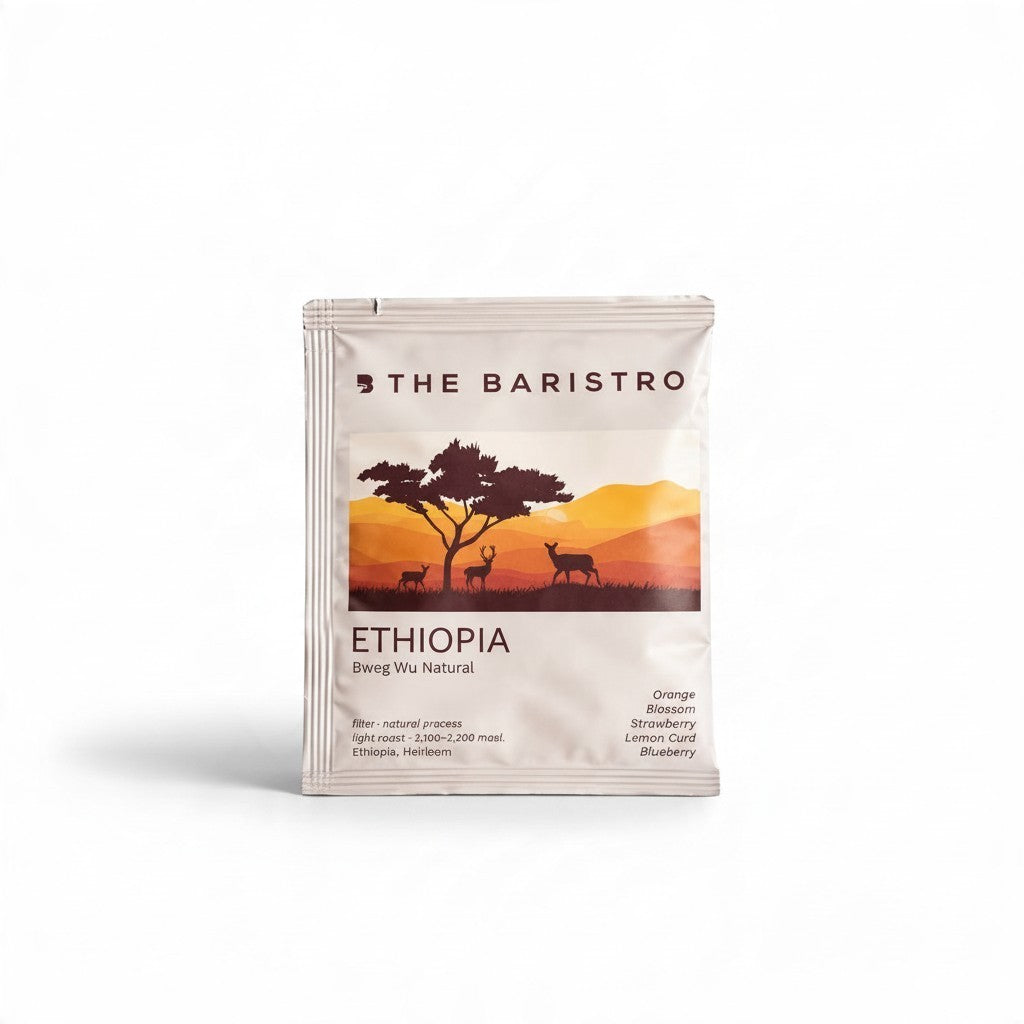 Lamora The Baristro Ethiopia Bweg Wu Natural specialty coffee drip bag with sunset savanna illustration