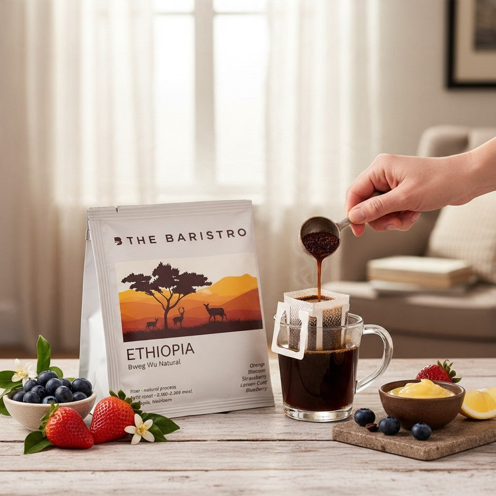 Lamora The Baristro Ethiopia Bweg Wu drip bag coffee being poured into a glass mug with fresh berries and lemon curd