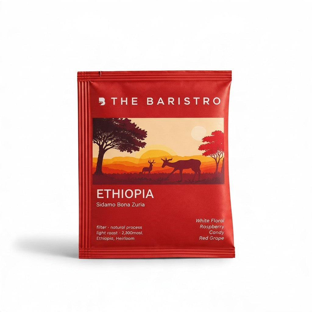 Lamora The Baristro Ethiopia Sidamo Bona Zuria single-serve drip coffee bag in a red packet with sunset illustration