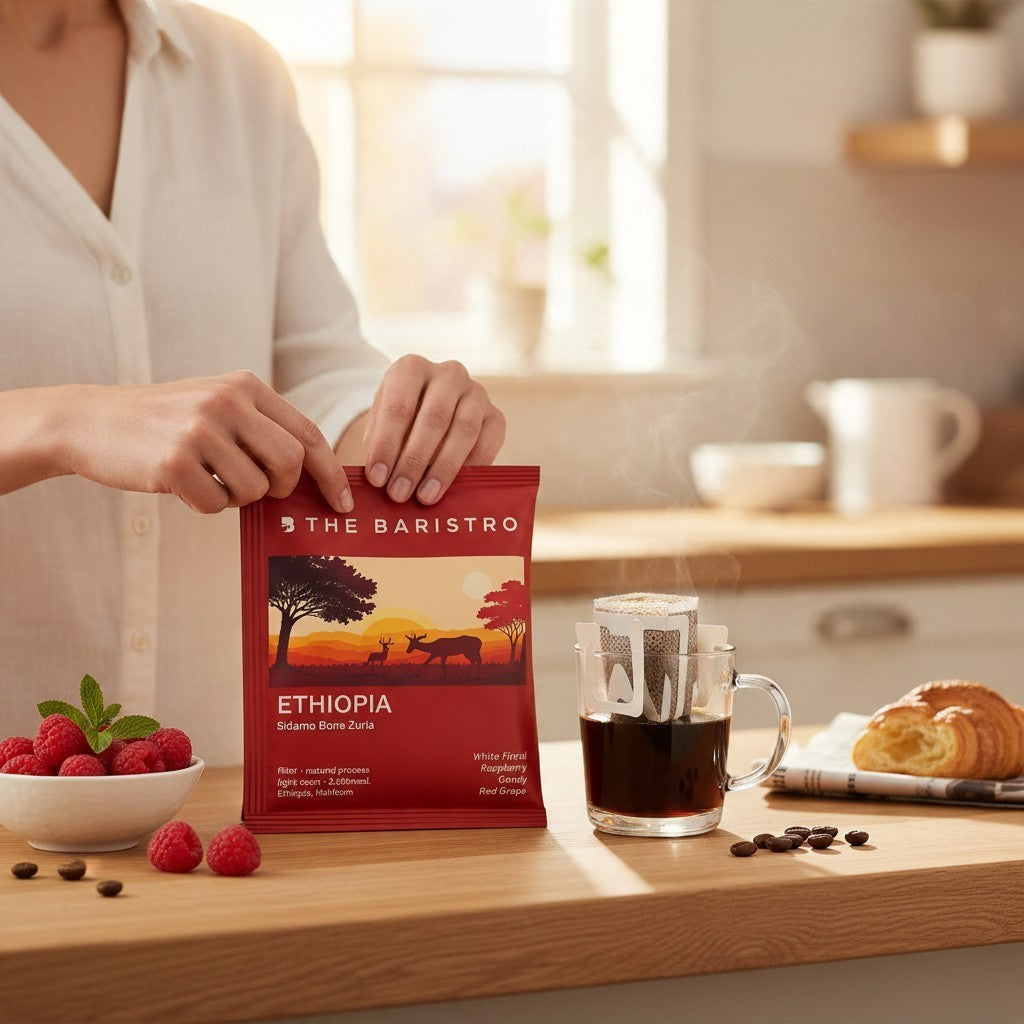 Lamora The Baristro Ethiopia Sidamo drip coffee bag with red packaging, next to a steaming cup and fresh raspberries.
