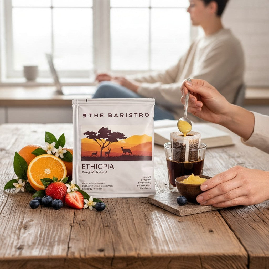 Lamora The Baristro Ethiopia Bweg Wu drip coffee bag with fresh orange, strawberry, and blueberry on a wooden table.
