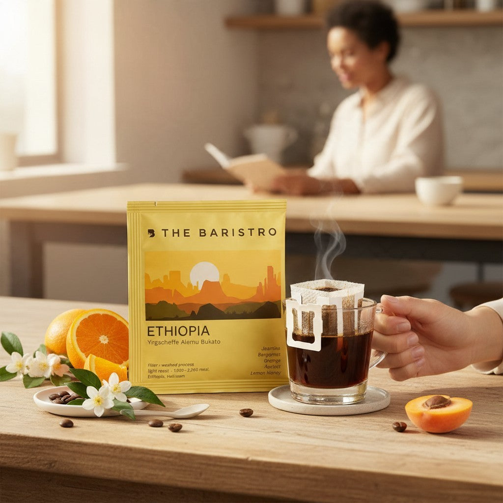 Lamora The Baristro Ethiopia Yirgacheffe drip bag coffee with jasmine, orange, and apricot notes on a wooden table.