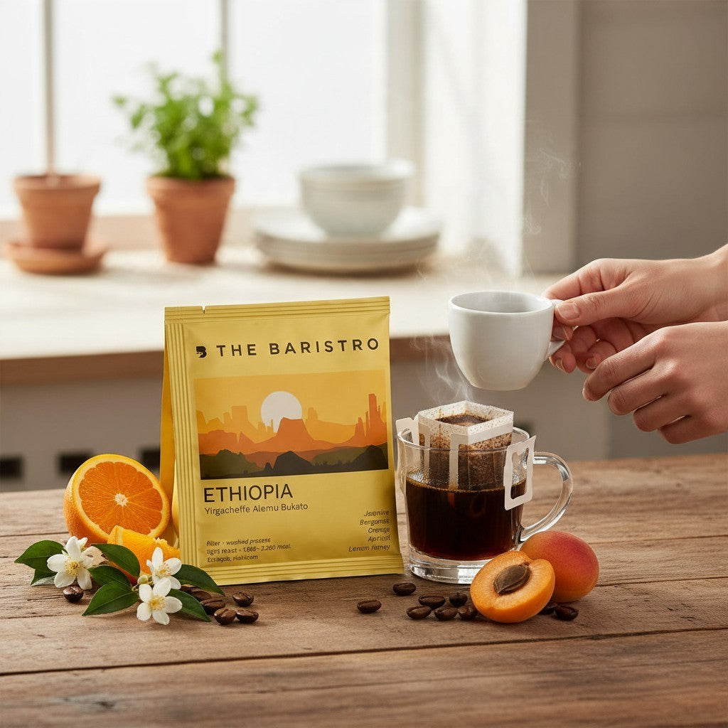 Lamora The Baristro Ethiopia Yirgacheffe drip coffee bag with orange, apricot, and jasmine on a wooden table