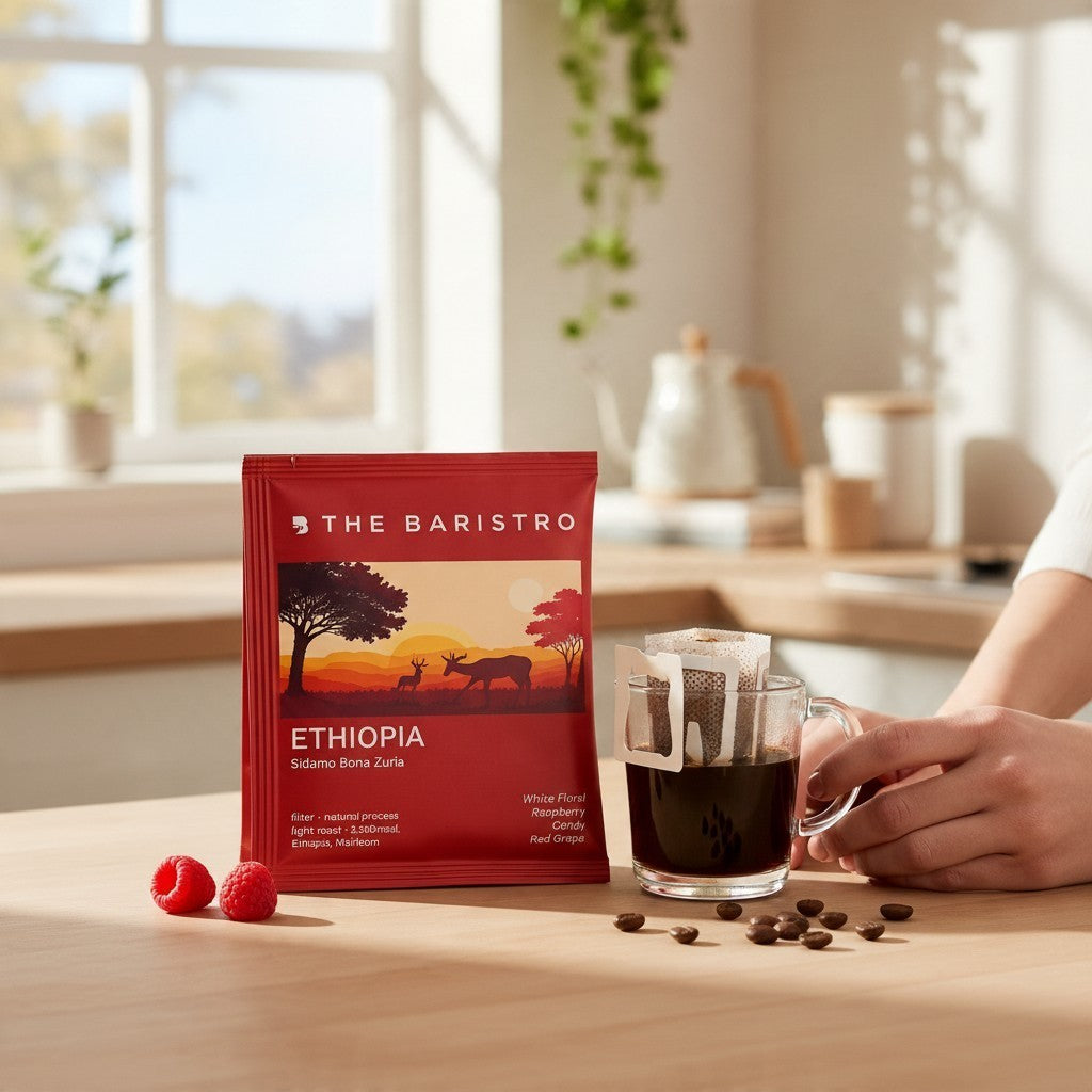 Lamora The Baristro Ethiopia Sidamo Bona Zuria drip coffee bag with a cup of brewed coffee and fresh raspberries.