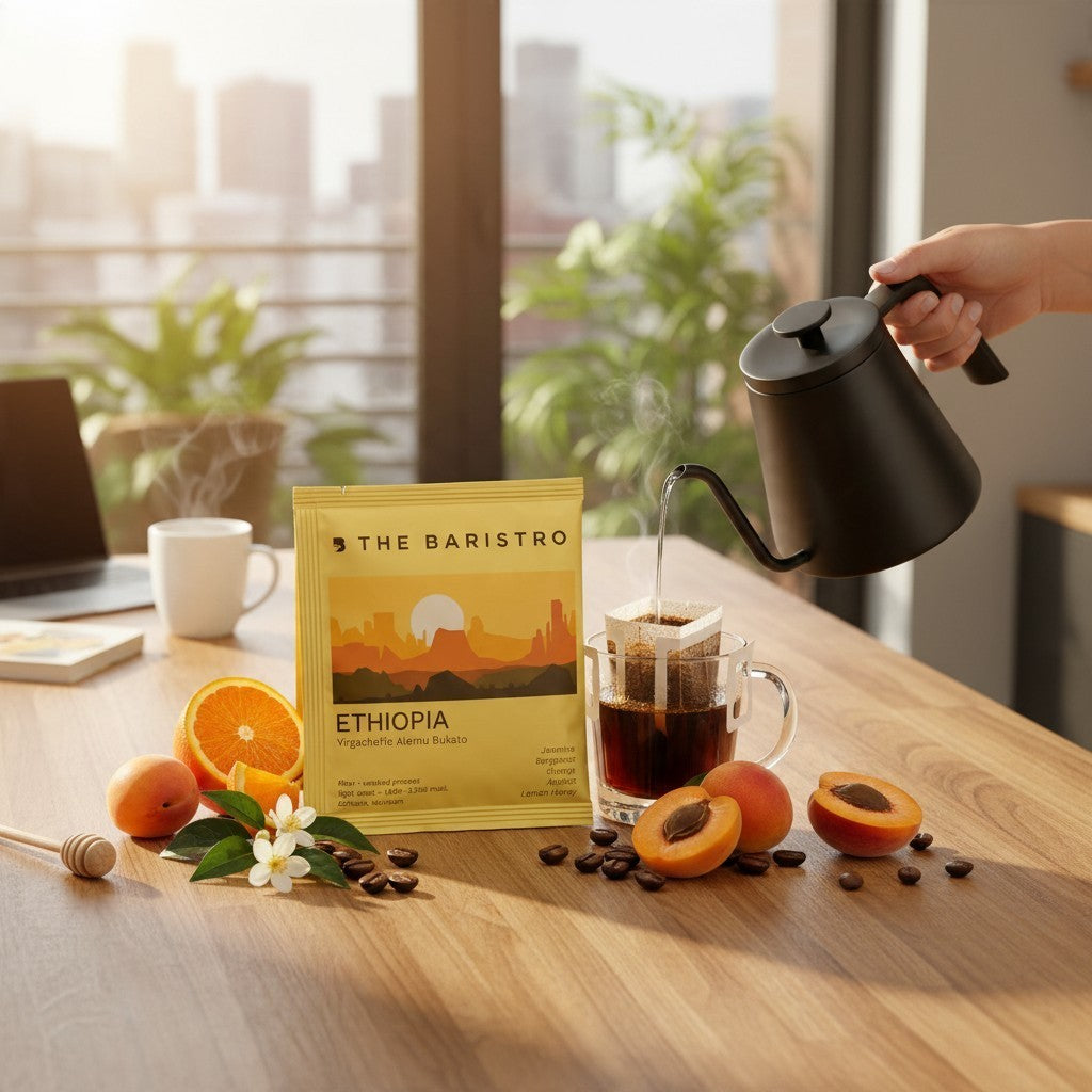 Lamora The Baristro Ethiopia Yirgacheffe drip bag coffee being poured into a glass mug with orange and apricot slices