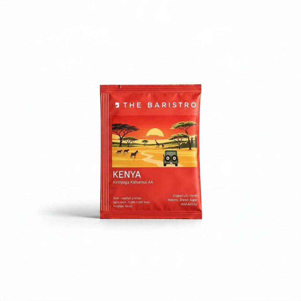 Lamora The Baristro Kenya Kirinyaga Kainamui AA specialty coffee drip bag in a red packet with African savanna art.