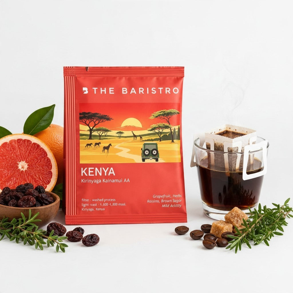 Lamora The Baristro Kenya Kirinyaga Kainamui AA coffee drip bag with grapefruit, raisins, and herbs on white background