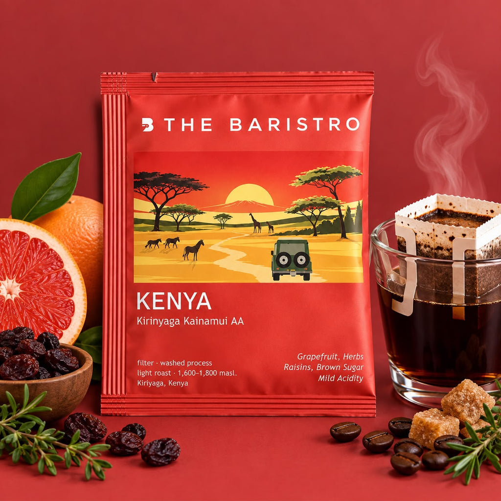 Lamora The Baristro Kenya Kirinyaga Kainamui AA coffee drip bag with grapefruit, raisins, and brown sugar on red
