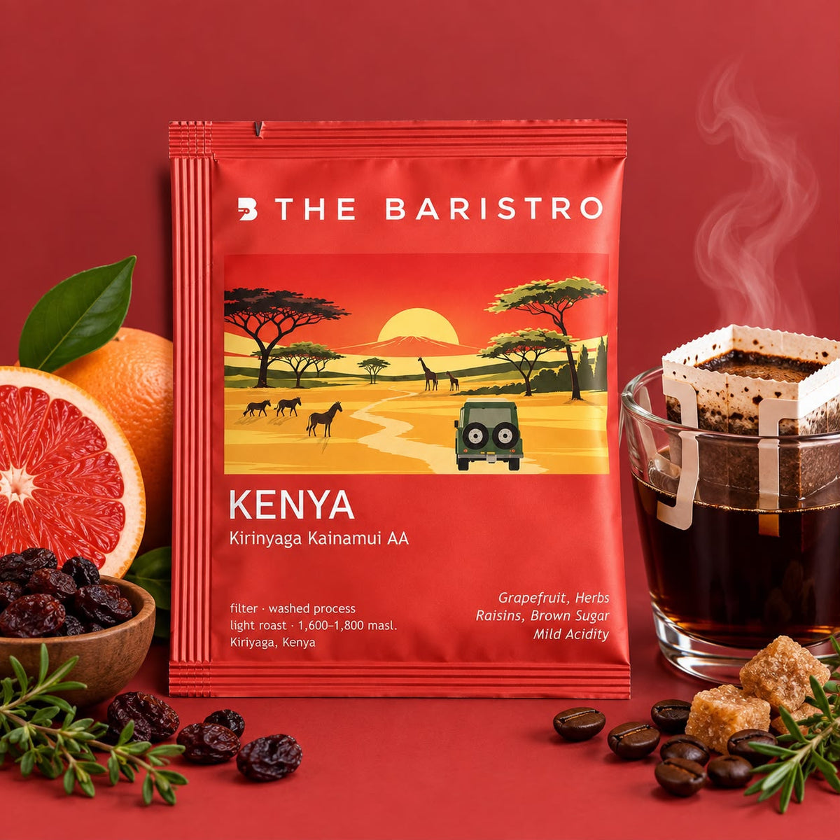 Lamora The Baristro Kenya Kirinyaga Kainamui AA coffee drip bag with grapefruit, raisins, and brown sugar on red