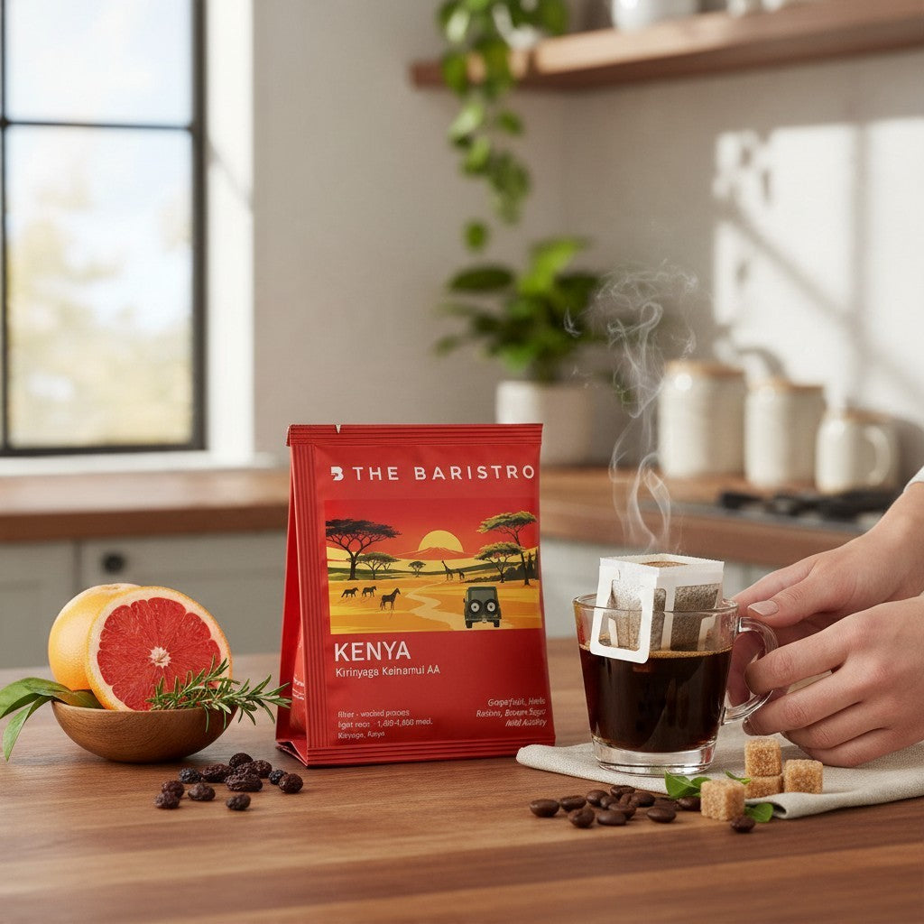 Lamora The Baristro Kenya Kirinyaga Kainamui AA specialty coffee drip bag with grapefruit and coffee beans on table