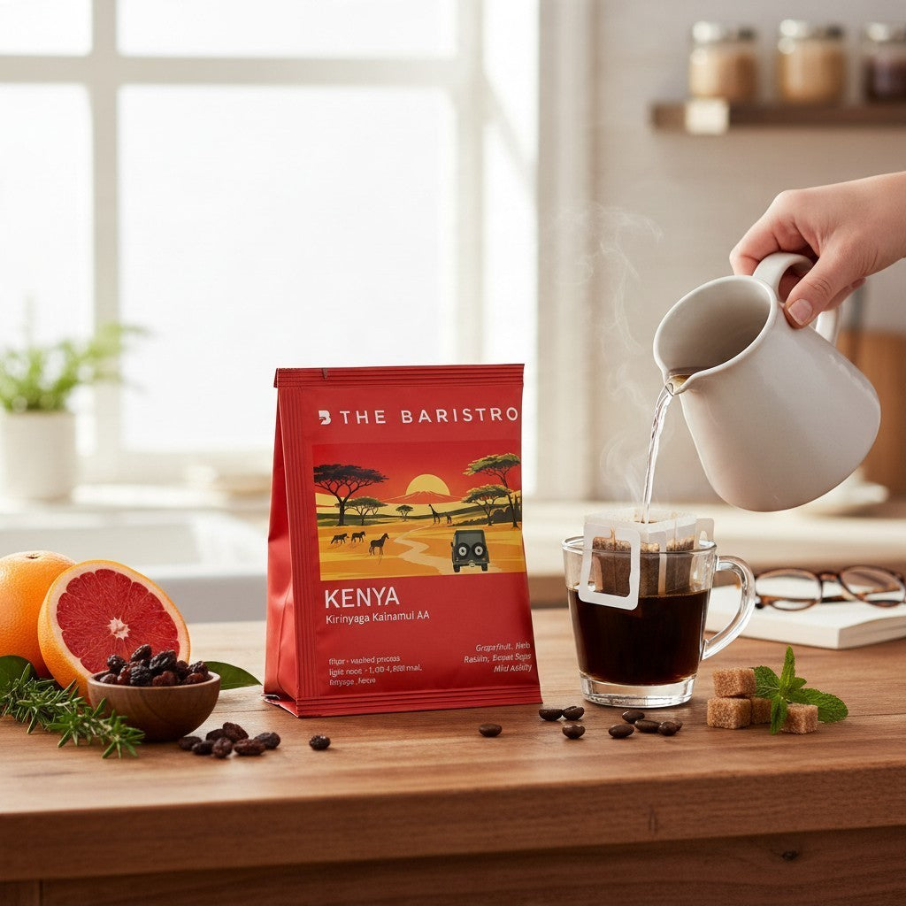 Lamora The Baristro Kenya Kirinyaga drip bag coffee being poured into a glass mug on a wooden table with fruit.