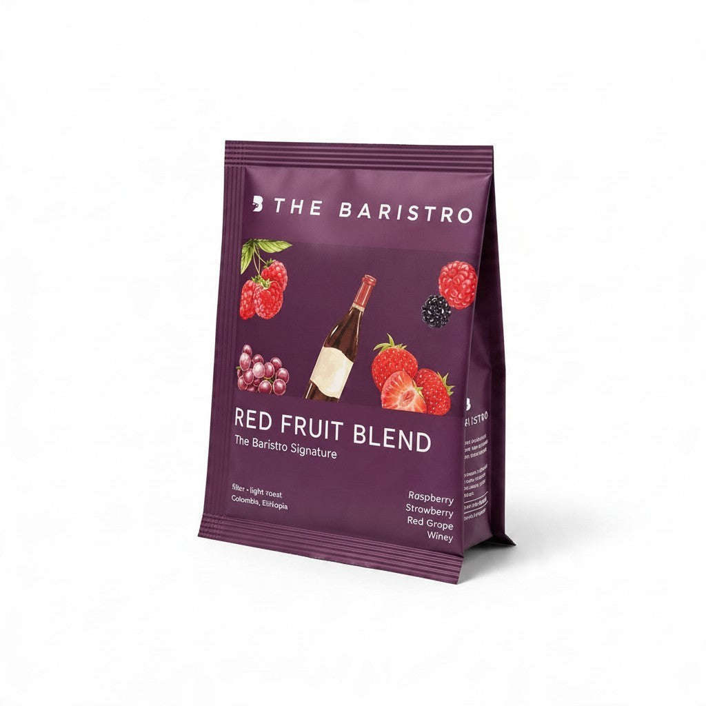 Lamora The Baristro Red Fruit Blend specialty coffee drip bag with raspberry, strawberry, and red grape illustrations