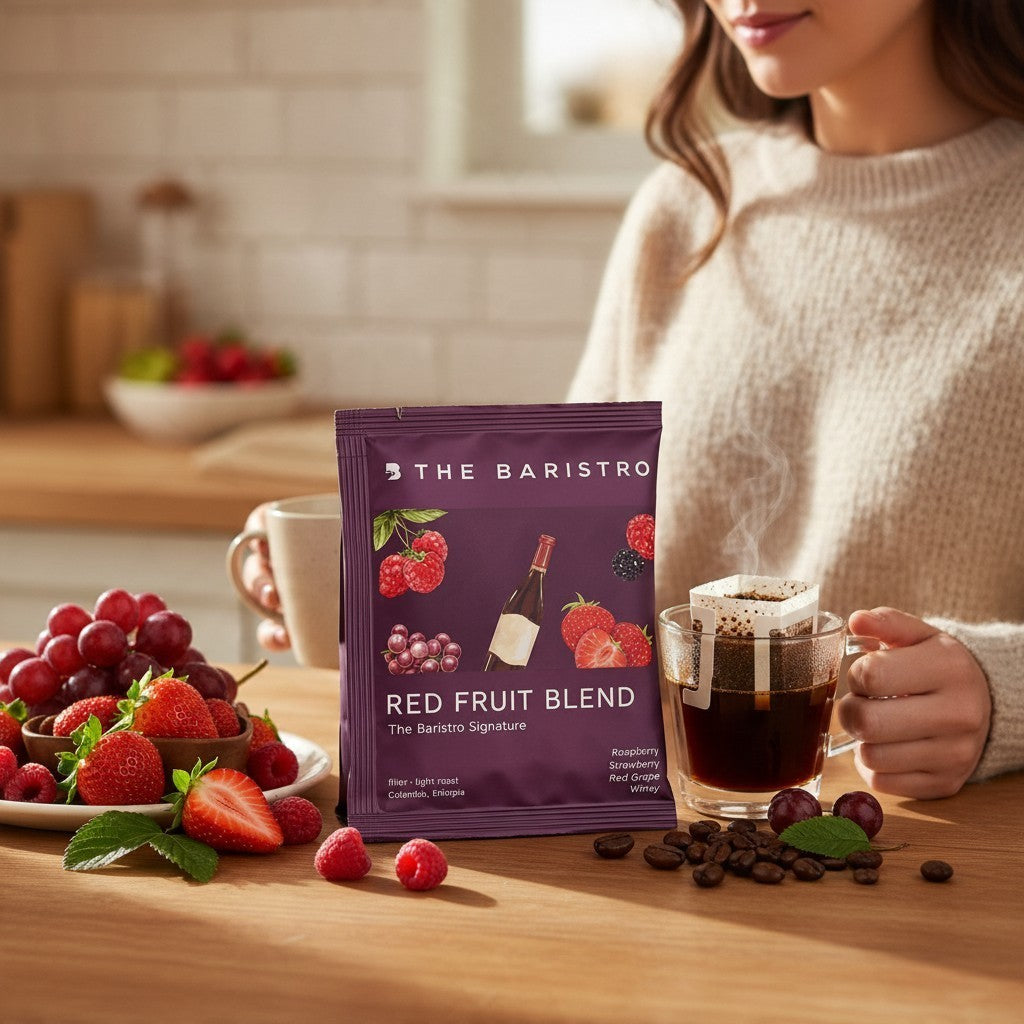 Lamora The Baristro Red Fruit Blend coffee drip bag with fresh berries and a cup of brewed coffee on a wooden table.