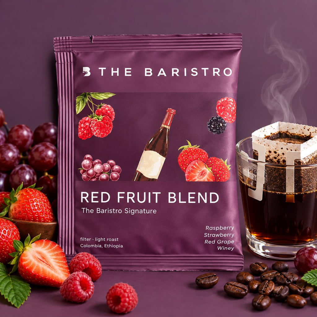 Lamora The Baristro Red Fruit Blend specialty coffee drip bag with raspberry, strawberry, and grape illustrations