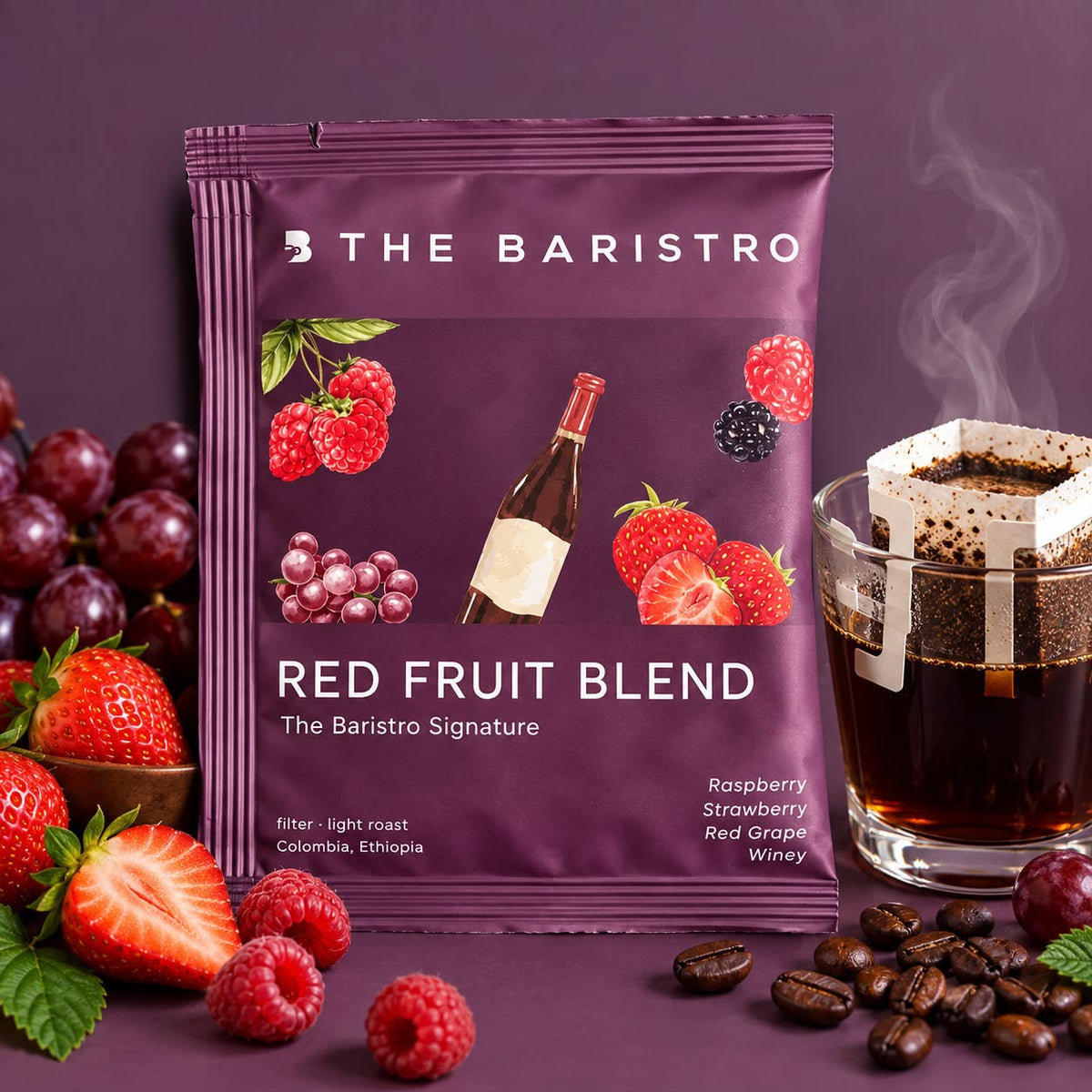 Lamora The Baristro Red Fruit Blend specialty coffee drip bag with raspberry, strawberry, and grape illustrations