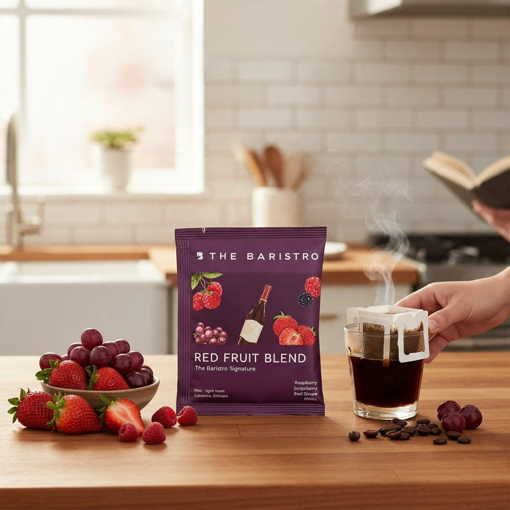 Lamora The Baristro Red Fruit Blend specialty coffee drip bag with fresh strawberries, grapes, and steaming coffee.