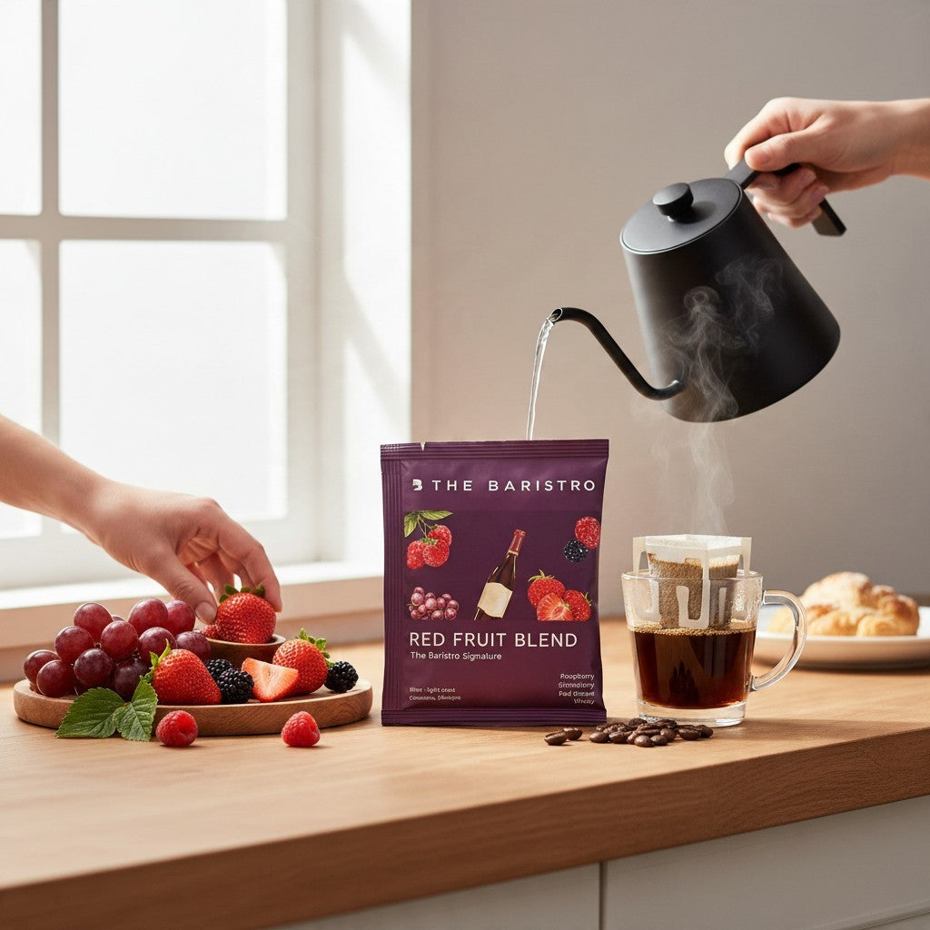 Lamora The Baristro Red Fruit Blend specialty coffee drip bag being brewed with a gooseneck kettle near fresh fruit.