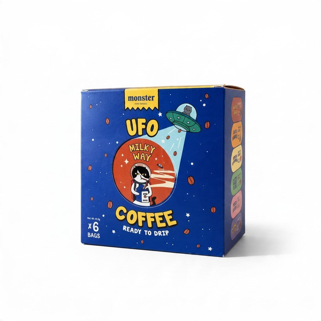 Lamora UFO Milky Way Coffee box featuring a blue space-themed design with 6 ready-to-drip single-serve sachets.