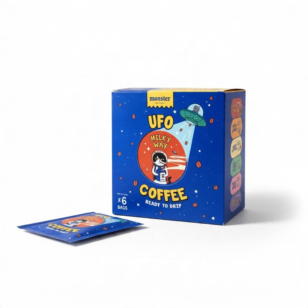 Lamora UFO Milky Way Coffee box with six single-serve drip sachets featuring a cute cat and UFO illustration